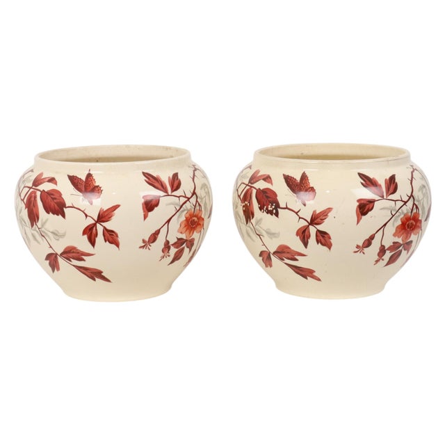 Large Antique Flower Pots Cachepots with Floral Decor, Set of 2 For Sale - Image 5 of 18