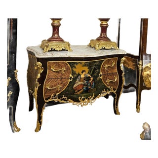 Hand-Painted Louis XV Style Marble Top Commode Chest With Gold Leaf & Bronze Mounts For Sale