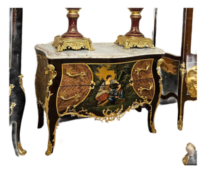 Hand-Painted Louis XV Style Marble Top Commode Chest With Gold Leaf & Bronze Mounts