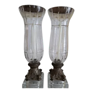 Late 20th Century Italian Crystal and Pewter Hurricane Candle Holders - a Pair