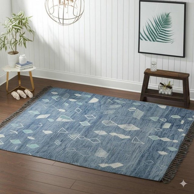 9x12 Blue Hand-Knotted Wool Floating Diamond Motifs Tribal Modern Carpet Rug For Sale In New York - Image 6 of 7