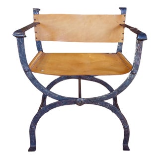 Mid 20th Century Mid-Century Leather and Iron Folding Curule Chair For Sale