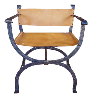 Mid 20th Century Mid-Century Leather and Iron Folding Curule Chair