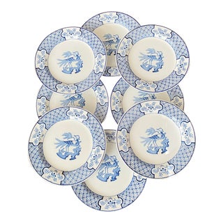 Antique Blue & White Transferware Bread Plates by Wood & Sons Made in England "Yuan" Pattern - Set of 8 For Sale