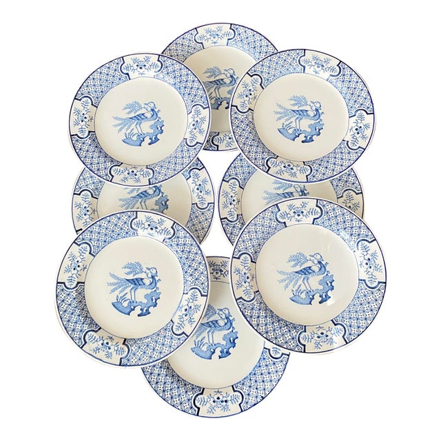 Antique Blue & White Transferware Bread Plates by Wood & Sons Made in England "Yuan" Pattern - Set of 8 For Sale