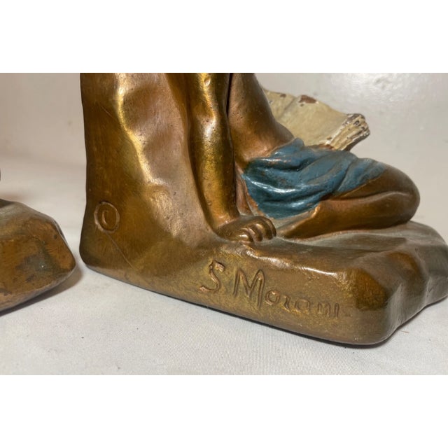 Large Pair Antique Armor Patinated Bronze Clad Co. Cherub Boy Reading Bookends For Sale - Image 11 of 12