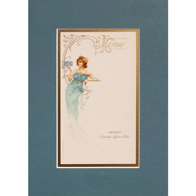 1900 - 1909 1900 Original French Advertising Menu (Woman in Blue Dress Holding Blue Box) Matted For Sale - Image 5 of 5