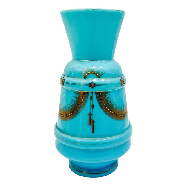 Antique 19th Century French Blue Celeste Opaline Glass Vase With Hand-Painted Jeweled Enamel For Sale
