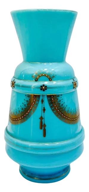 Antique 19th Century French Blue Celeste Opaline Glass Vase With Hand-Painted Jeweled Enamel