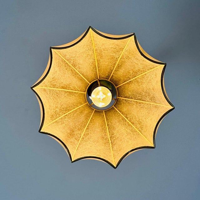 Mid century Colonial style ceiling lamp , Italy, 1970s Colonial style chandelier, in canvas and brass, Italy 70s, in...