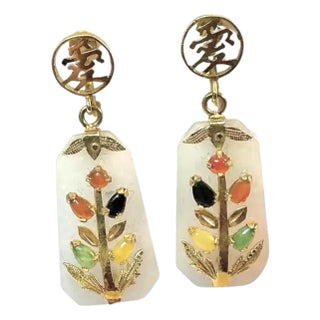 Multicolor Jade Asian Dangle Earrings, 14k Gold For Sale