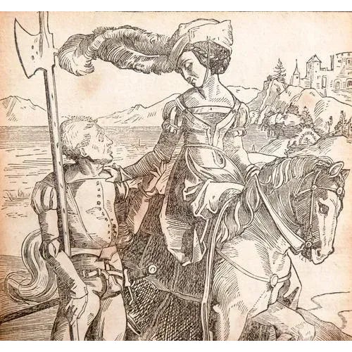 Xylograph on paper lady on horseback with lanzichenecco, bearing monogram by albrecht dürer period dated 1495 in the...