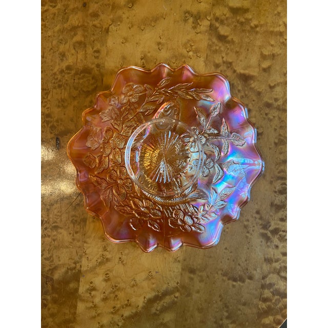 Antique Millersburg Trout & Fly Carnival Glass 3n1 Bowl, Radium Green and Marigold For Sale - Image 10 of 11