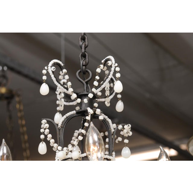 Petite 4-Light Iron & Opaline Glass Beaded Chandelier, 1940s Italy For Sale - Image 12 of 14