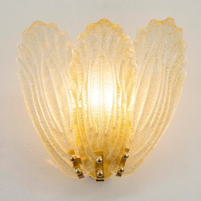 Large Wall Lights with 3 Murano Glass Amber Color Leaves and Gold Structure, Italy For Sale - Image 4 of 12