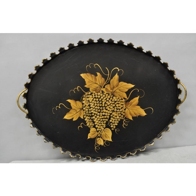 Vintage French Country Black and Gold Hand Painted Oval Toleware Serving Tray For Sale - Image 15 of 15