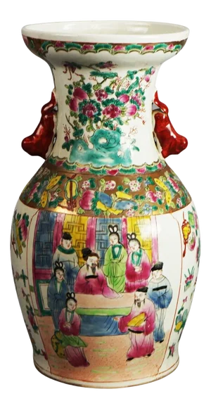 Vintage Chinese Porcelain Vase with Genre Scene & Garden Flowers, Stamped, C1930