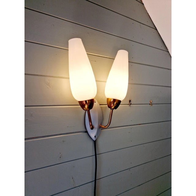 Vintage Double Wall Light in Brass and White Opaline, 1950s For Sale - Image 4 of 10