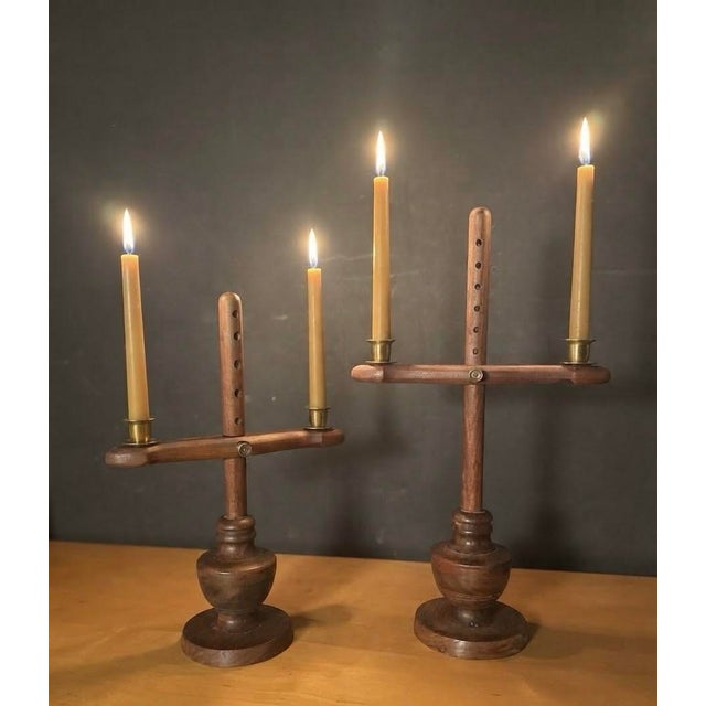 Vintage Mid-Century Modern Scandinavian Adjustable Wooden Candle Holders Brass Inserts- A Pair For Sale - Image 11 of 12