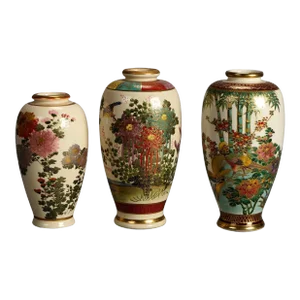Set of Three Antique Japanese Satsuma Porcelain Vases with Garden Flowers & Gilt, 1920