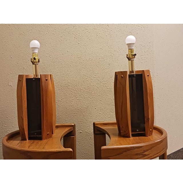 1970s Pair of 1970's Postmodern Oak and Smoked Lucite Table Lamps With Shades For Sale - Image 5 of 12