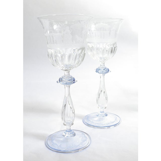 Italian Pair of Salviati Engraved Venetian / Murano Glass Wine Goblets or Stems For Sale - Image 3 of 13