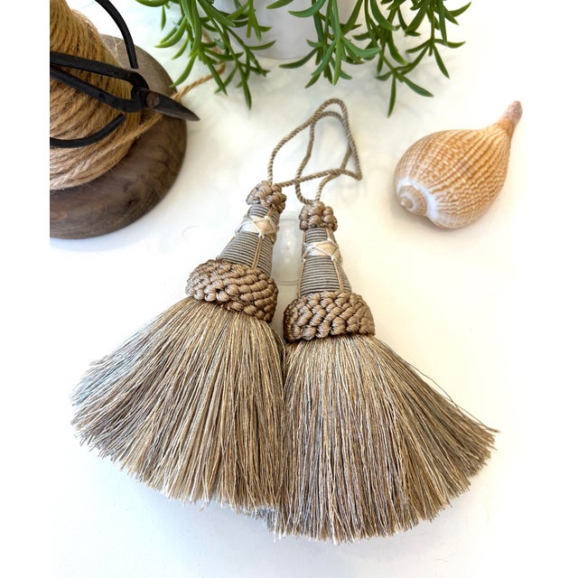 Farmhouse Sage Green Key Tassels With Looped Ruche - a Pair For Sale - Image 3 of 13