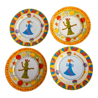 Vintage Coquet Limoges Hand-Painted Multicolor Porcelain Plates "Outer Space Circus" - Set of 4 For Sale