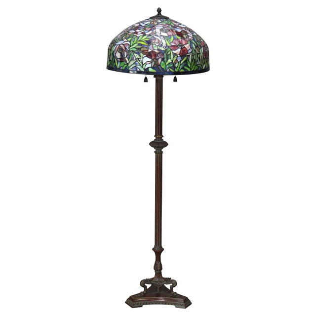 Vintage Arts Crafts Tiffany Style Mosaic Leaded Glass Floor Lamp