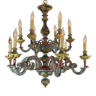 Italian Rococo Style Painted and Parcel Gilt Multicolor 12 Light Chandelier For Sale