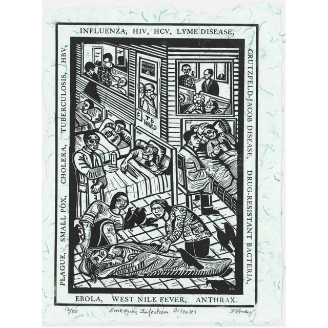 Eric Avery (born 1948) "Emerging Infectious Diseases" circa 2000, linocut, pencil signed, titled and numbered 12 of 50.