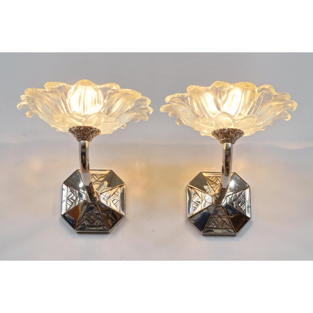 Baby Blue French Art Deco Wall Sconces by Capon Freres & Jean Gauthier 1930 France - A Pair For Sale - Image 8 of 14