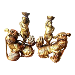 Antique Late 18th Century Chinese Handcarved Gold Gilt Temple Candelabras - Foo Dogs - Pair