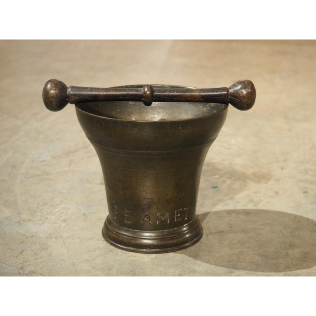 18th Century Bell Shaped French Bronze Mortar With Pestle, Inscribed Pe Amet For Sale - Image 11 of 11