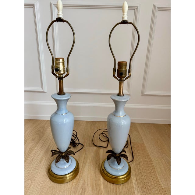 Art Deco Vintage Pale Blue Opaline Glass & Brass Palm Leaf Table Lamps - a Pair For Sale - Image 3 of 8