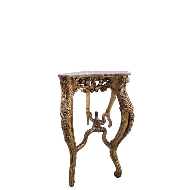 Wood Antique Louis XV Style Carved Console Table With Pink Marble Top For Sale - Image 7 of 8