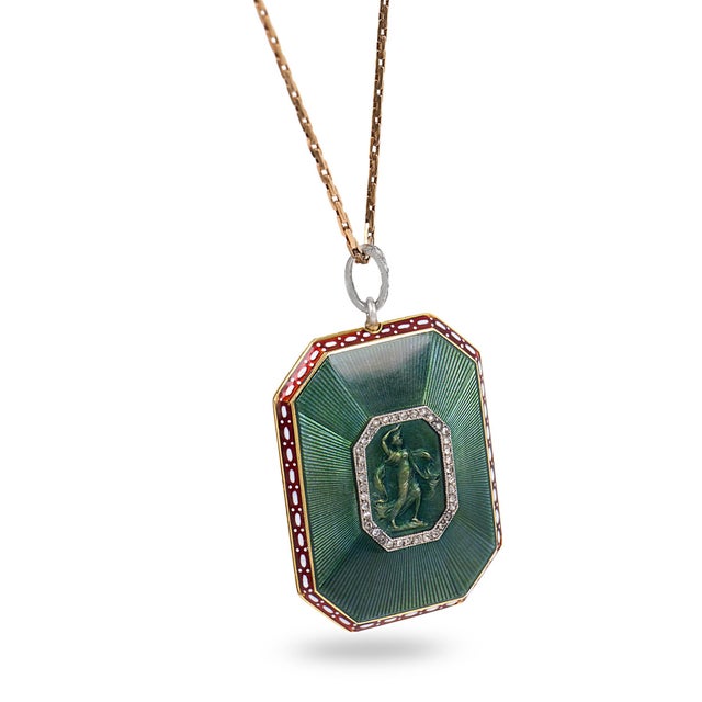 Traditional Early 20th Century Tiffany & Co. Edwardian Diamond Guilloche Enamel 18k Gold Watch Pendant Necklace For Sale - Image 3 of 7