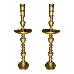 1940s Hand Etched Brass Moroccan Floor Candle Holders, Pair