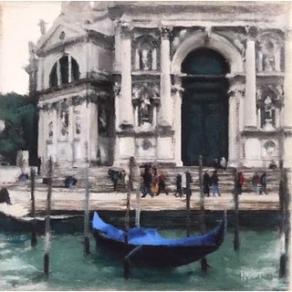 Intermezzo by John Hyland | Oil and pencil on canvas of a Venetian scene with a blue gondola. For Sale