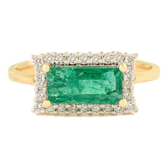 14k Gold Zambian Emerald & Diamond East to West Ring Size 5 For Sale