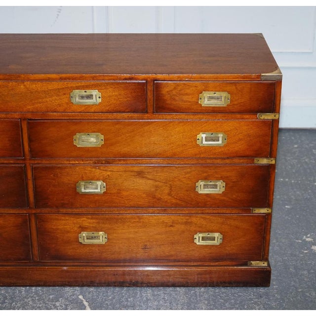 Vintage Yew Wood Military Campaign Sideboard Bank of Drawers with Brass Handles For Sale - Image 5 of 18