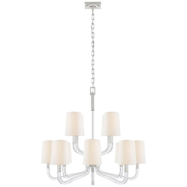 Chapman & Myers for Visual Comfort Signature Reagan Medium Two-Tier Chandelier in Polished Nickel & Crystal with Linen Shades For Sale