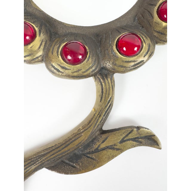 Metal Vintage Brass Floral Hand Mirror With Red Glass Cabochons, Art Nouveau Style For Sale - Image 7 of 13