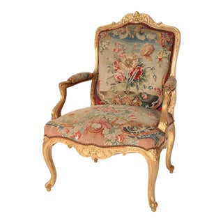 Antique Louis XV Style Gilt Wood Armchair With Colorful Needlepoint Upholstery For Sale