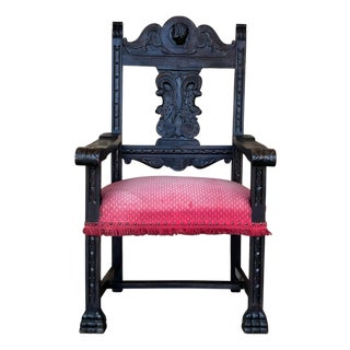 19th Spanish Colonial Altar Carved Armchair with Red Velvet Seat and Carved Back For Sale