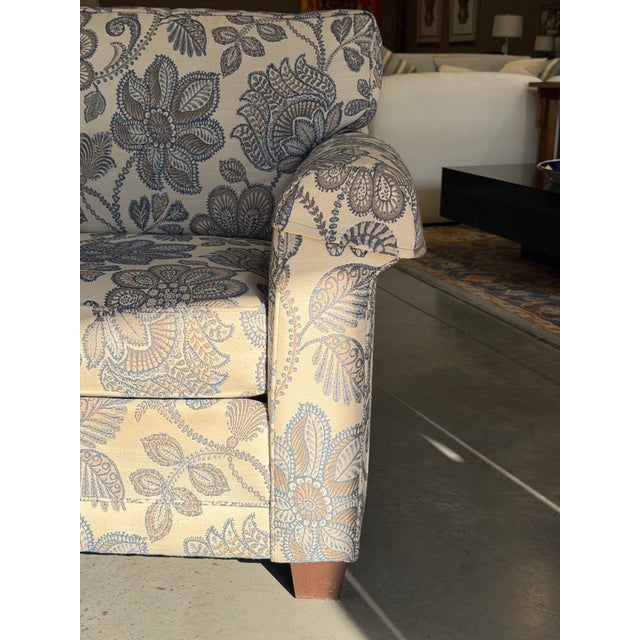 English Pair of Smith Brothers Blue and Cream Botanical Floral Upholstered Rolled Armchairs For Sale - Image 3 of 6