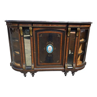 Antique French Ebonized Credenza Side Cabinet W Sevres Plaque For Sale