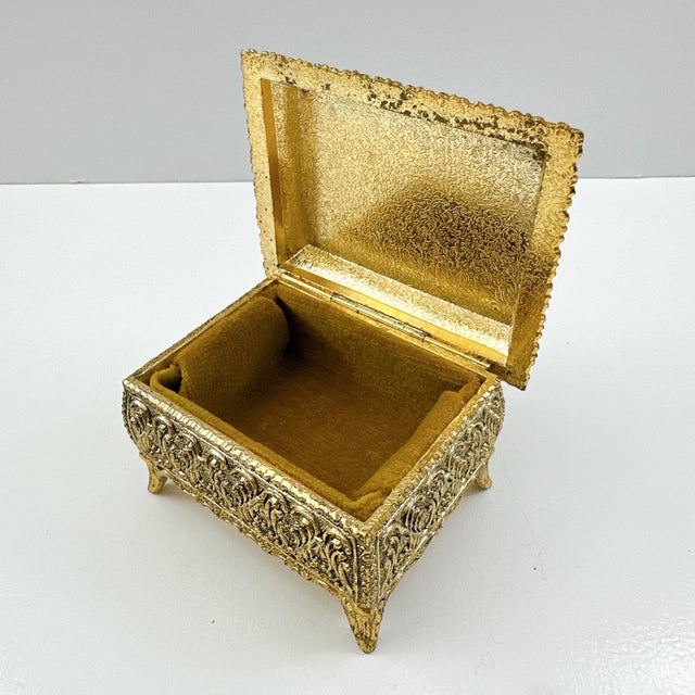 Vintage Japanese Chokin Jewelry Box, Peacock Trinket Box, Gilded Metal Keepsake Box, Made in Japan, Gold Tone Vanity Decor For Sale - Image 9 of 12
