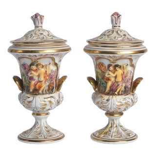 Capodimonte Cherubs Hand Painted Porcelain Cannister Urns - a Pair For Sale