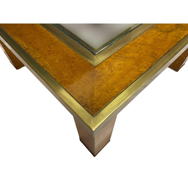 Chestnut 1950s Olive Ash Burl and Brass Coffee Table With Recessed Glass Insert For Sale - Image 8 of 9